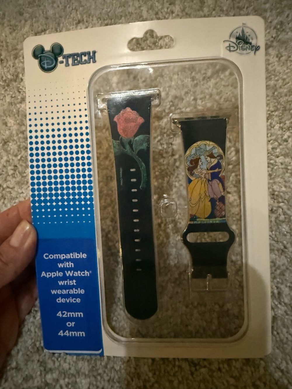 Disney Black Apple Watch Band with Belle Stained Glass Rose Art